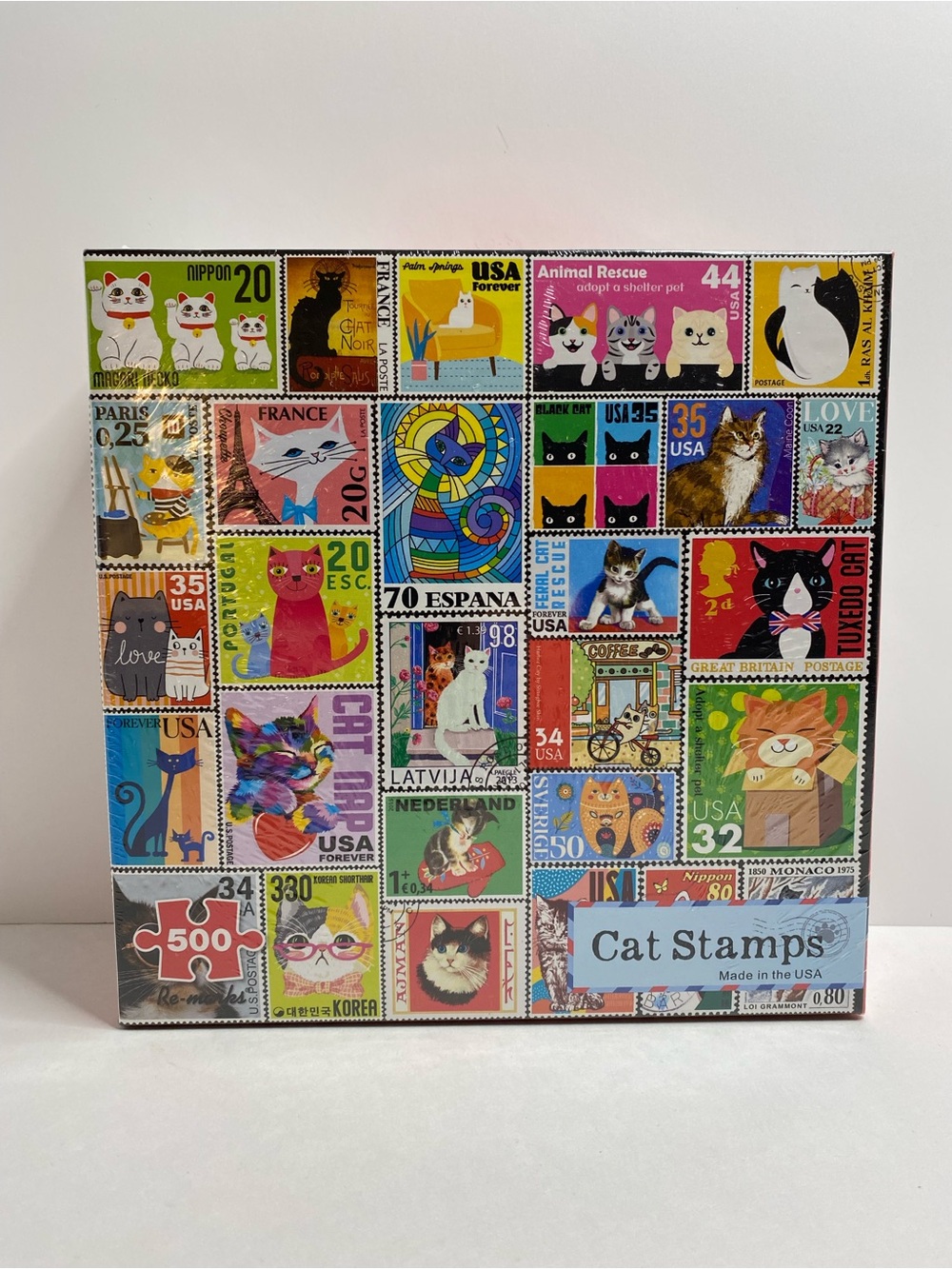 Re-marks Cat Stamps 500 Piece Puzzle Sealed Colorful Cat Postage Stamps USA